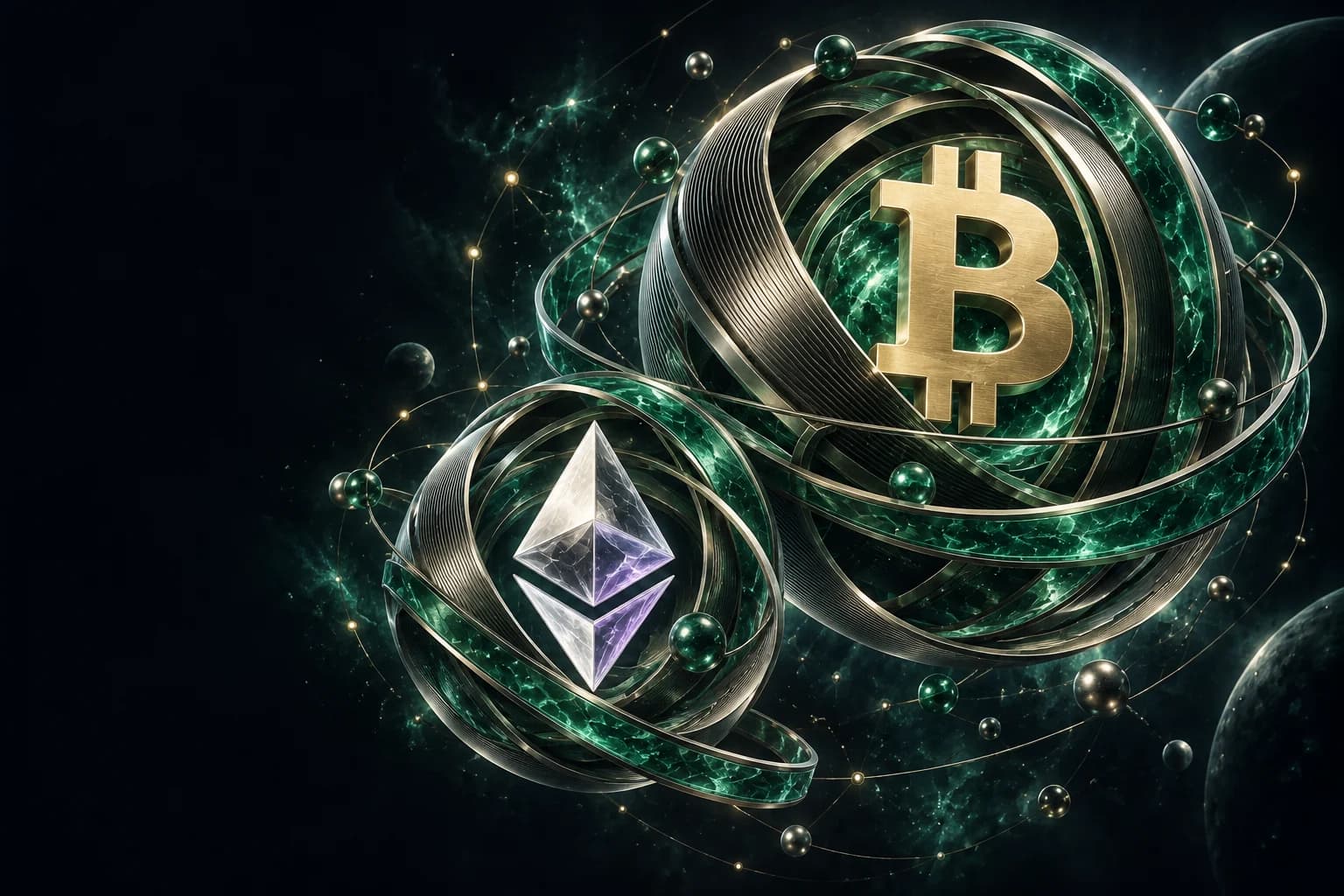 Bitcoin y Ethereum, representados por sus símbolos en oro y cristal, conectados por órbitas esmeralda en un universo cripto.